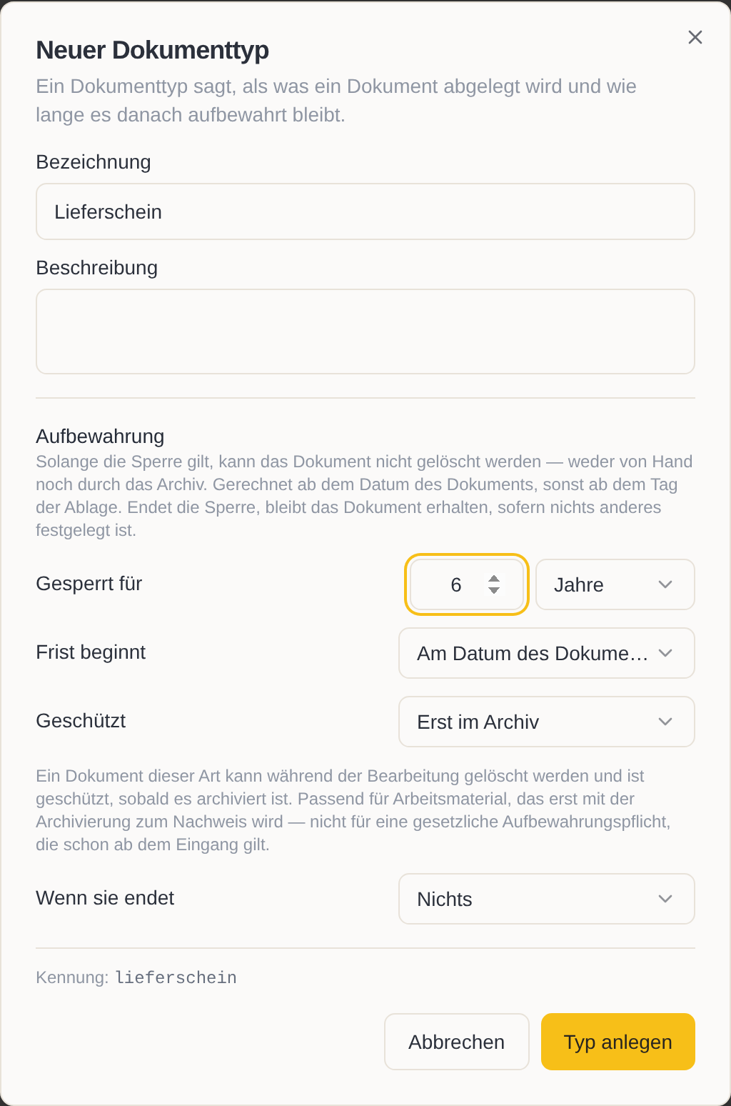 Der Dialog „Neuer Dokumenttyp“
