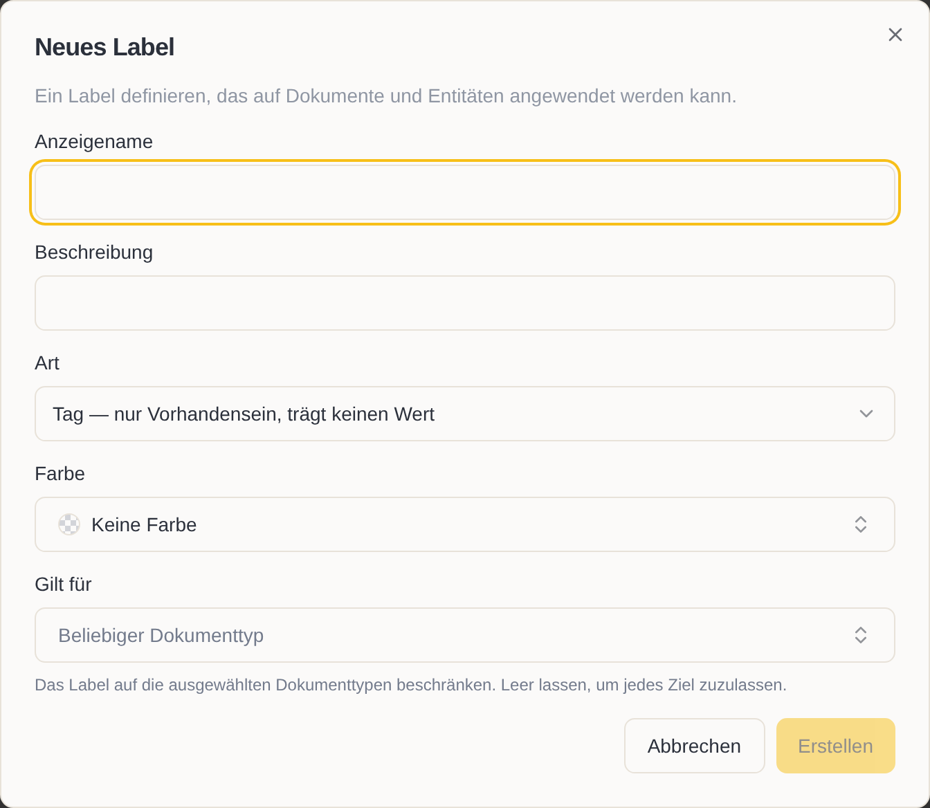 Der Dialog „Neues Label“