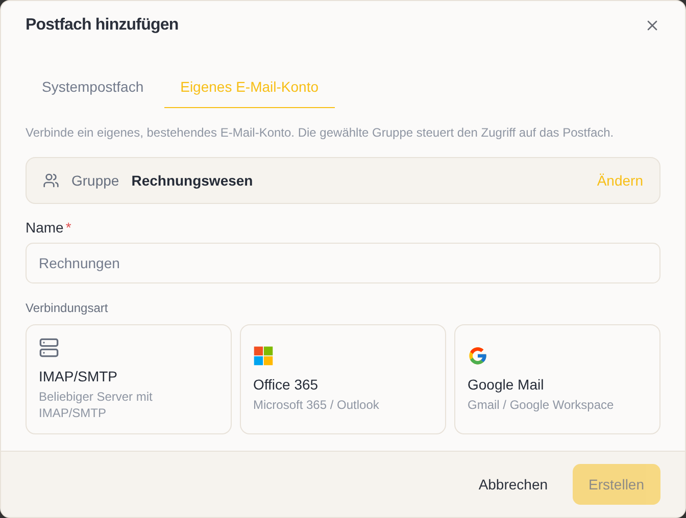 Der Dialog „Postfach hinzufügen“ mit einem eigenen E-Mail-Konto