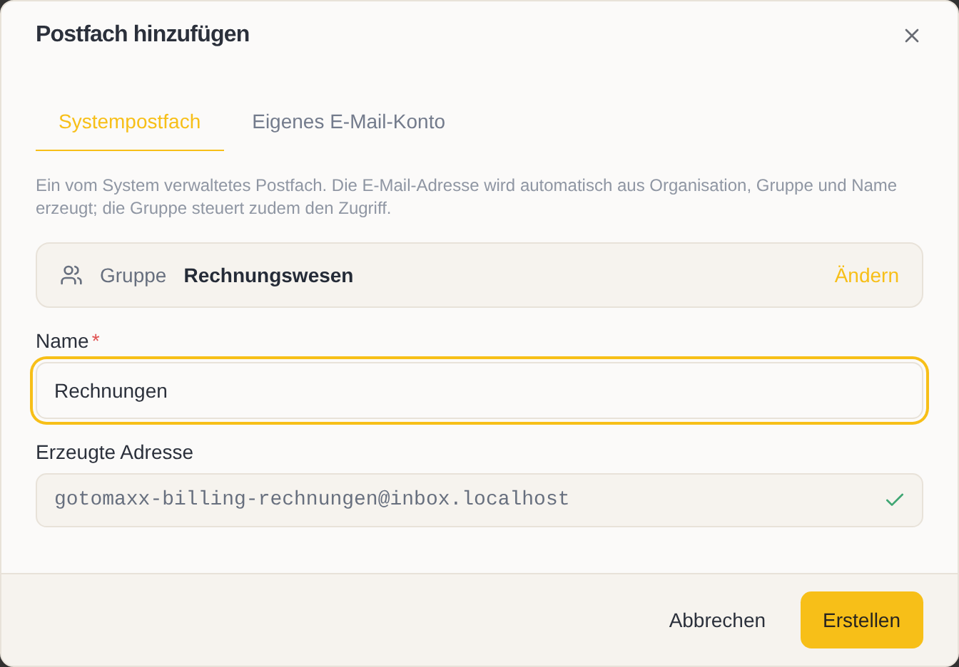 Der Dialog „Postfach hinzufügen“ mit einem Systempostfach