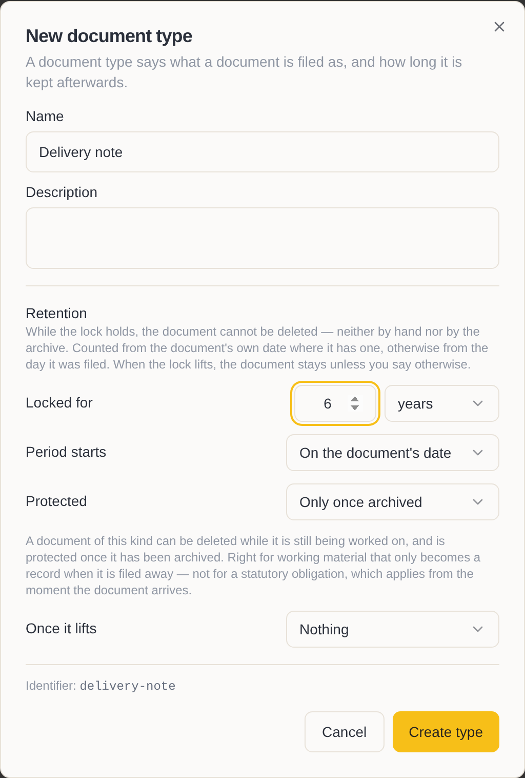 The “New document type” dialog