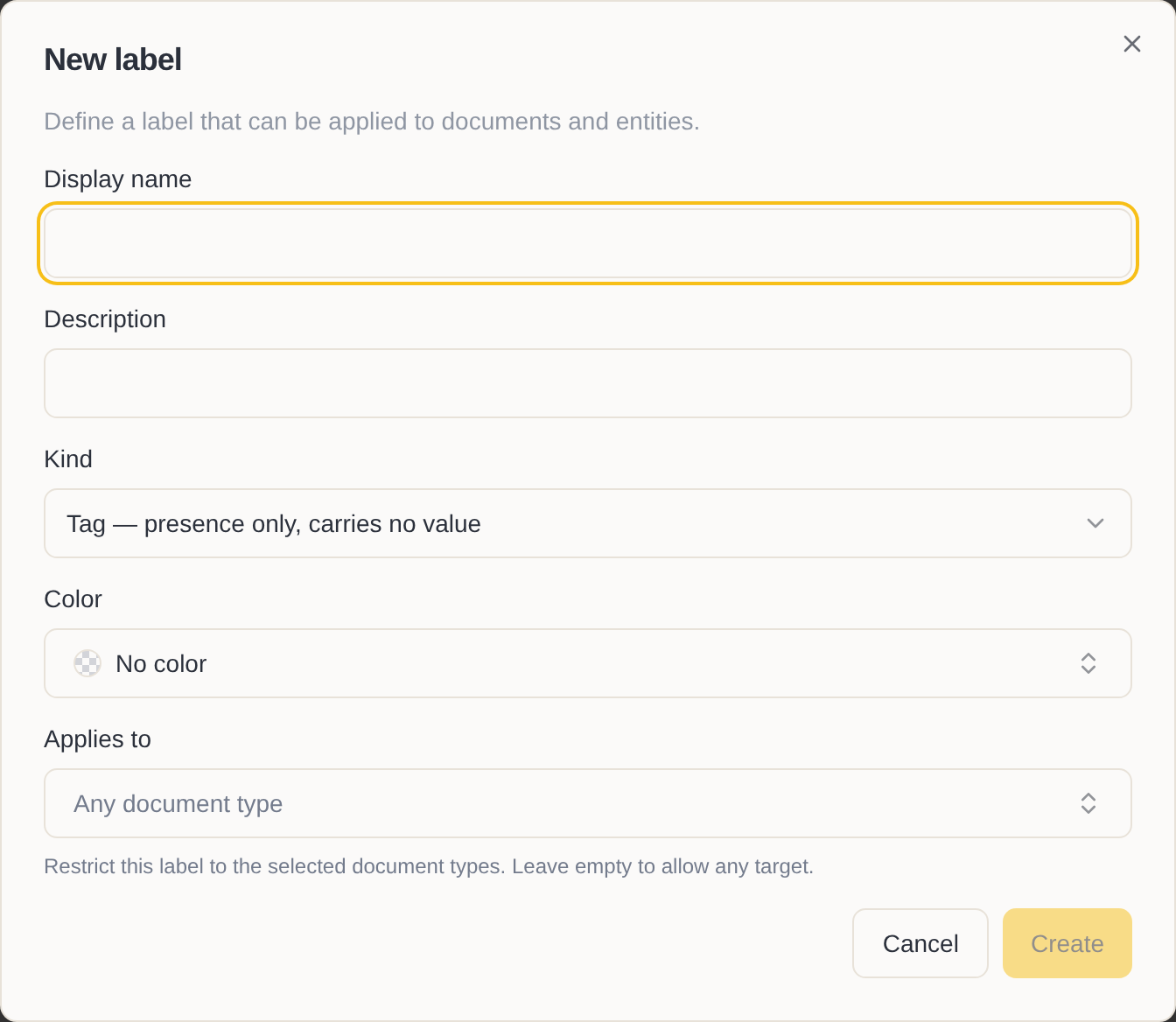 The “New label” dialog