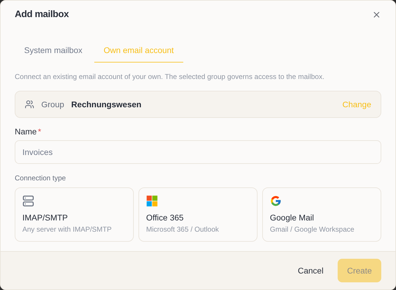 The “Add mailbox” dialog with your own email account