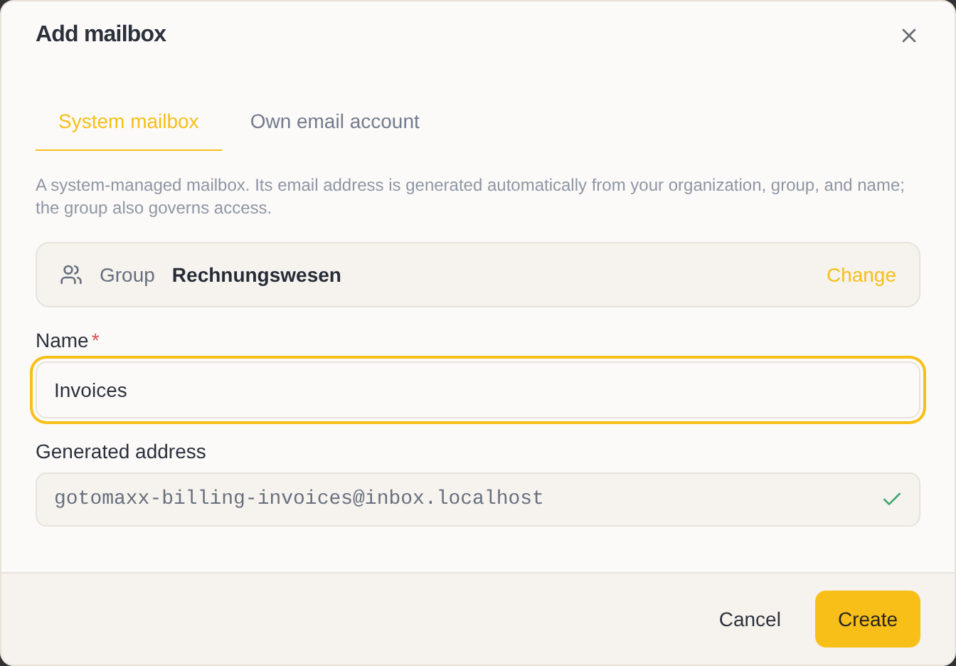The “Add mailbox” dialog with a system mailbox