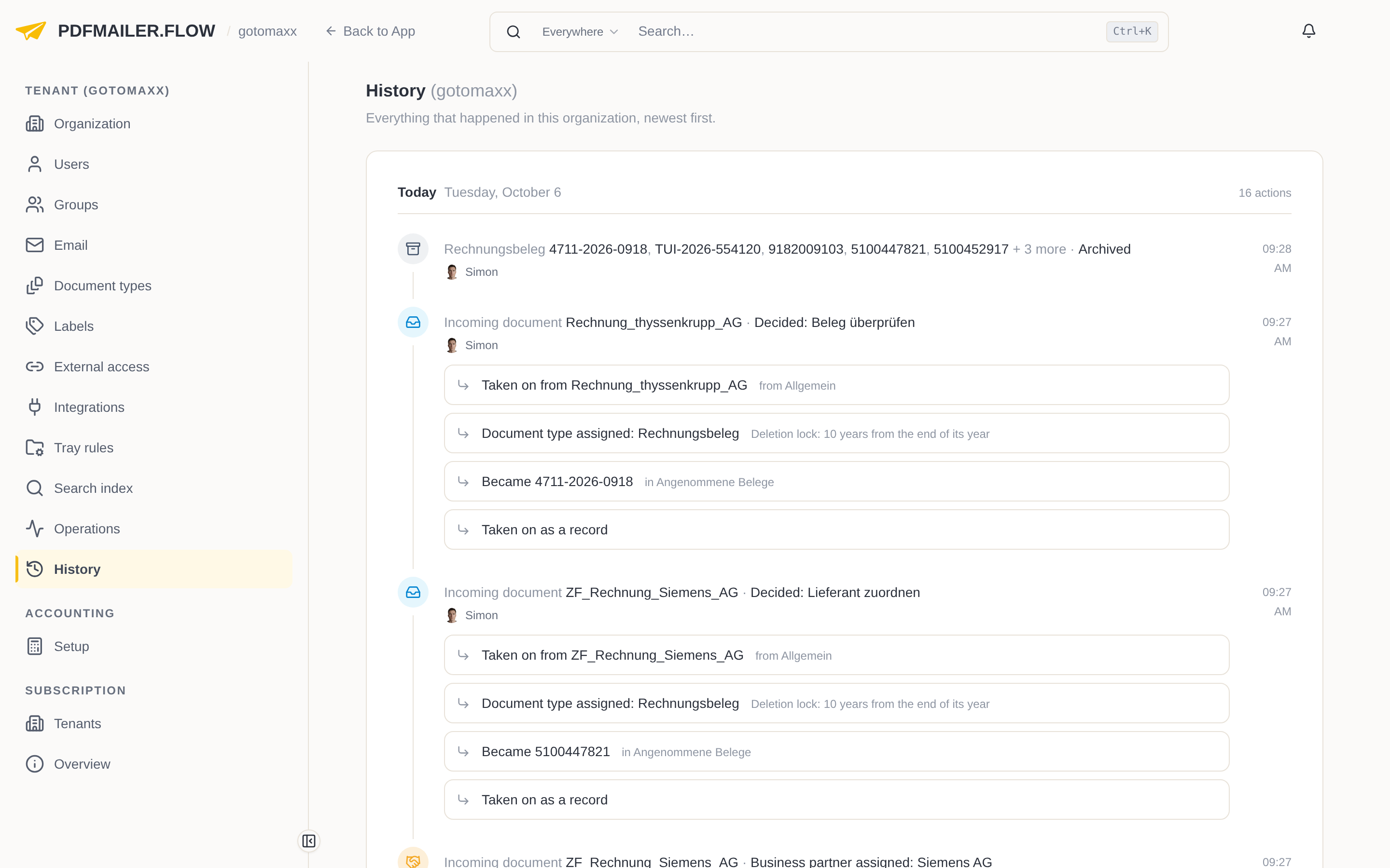 The organization history in the settings
