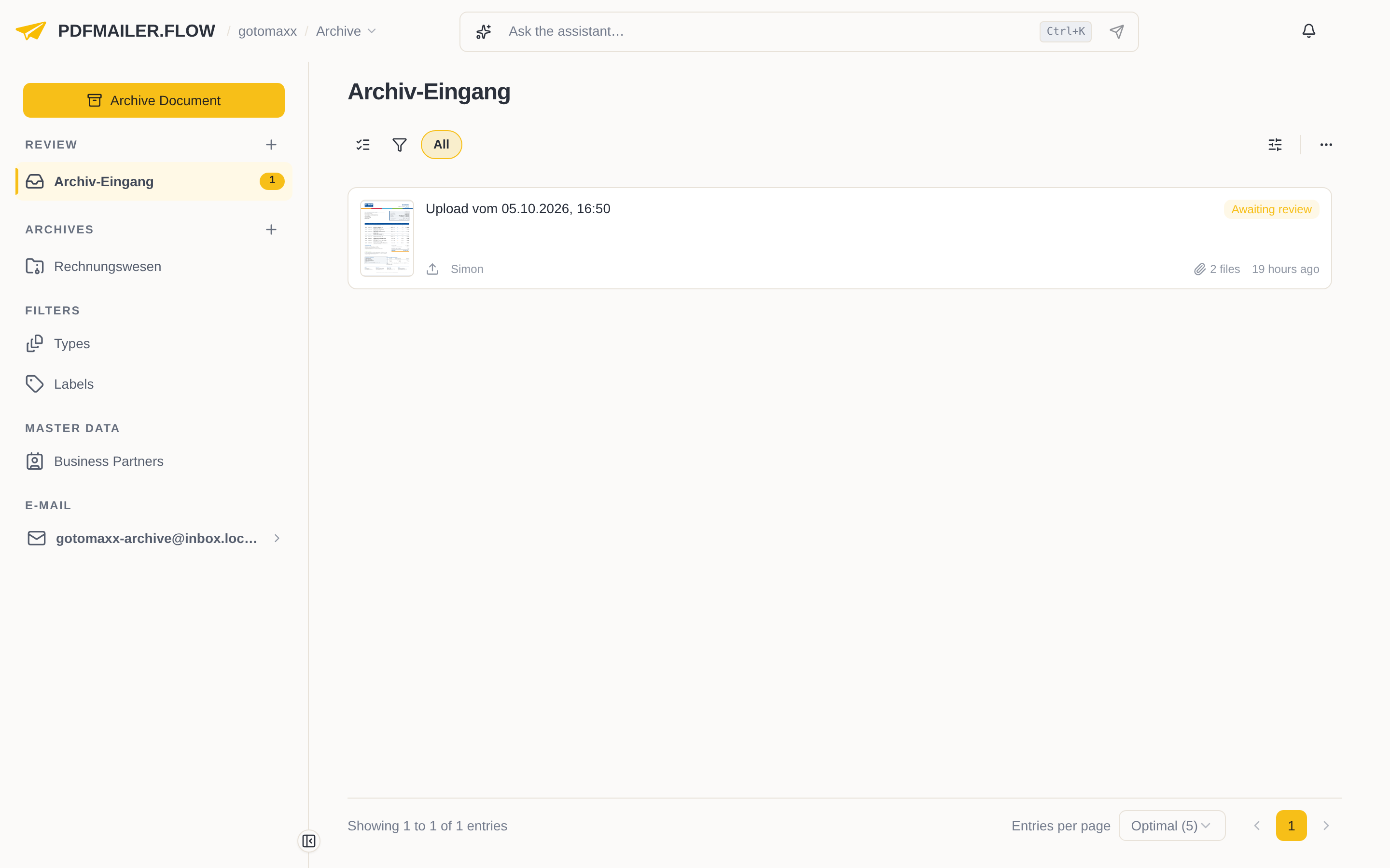 An archive inbox with a document waiting for review