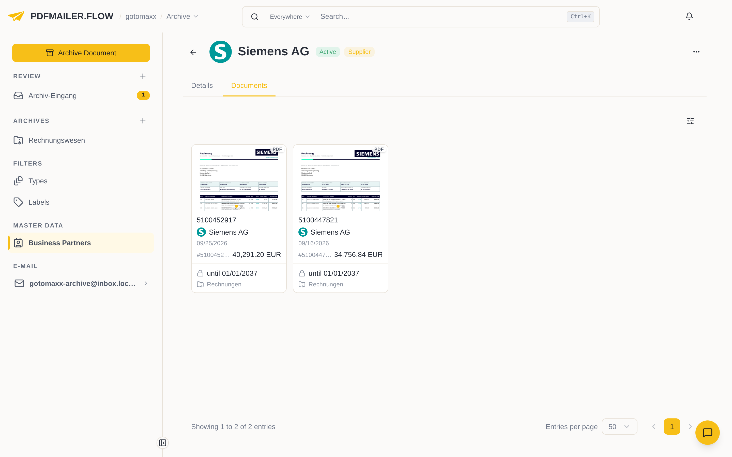 The “Documents” tab of the business partner “Siemens AG”