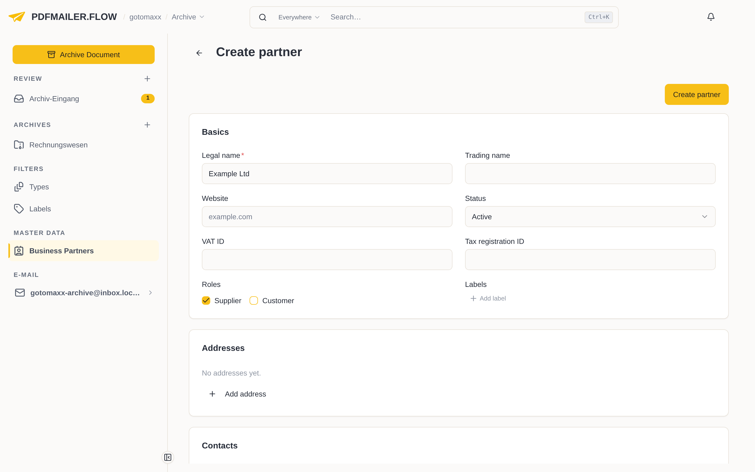 The “Create partner” page