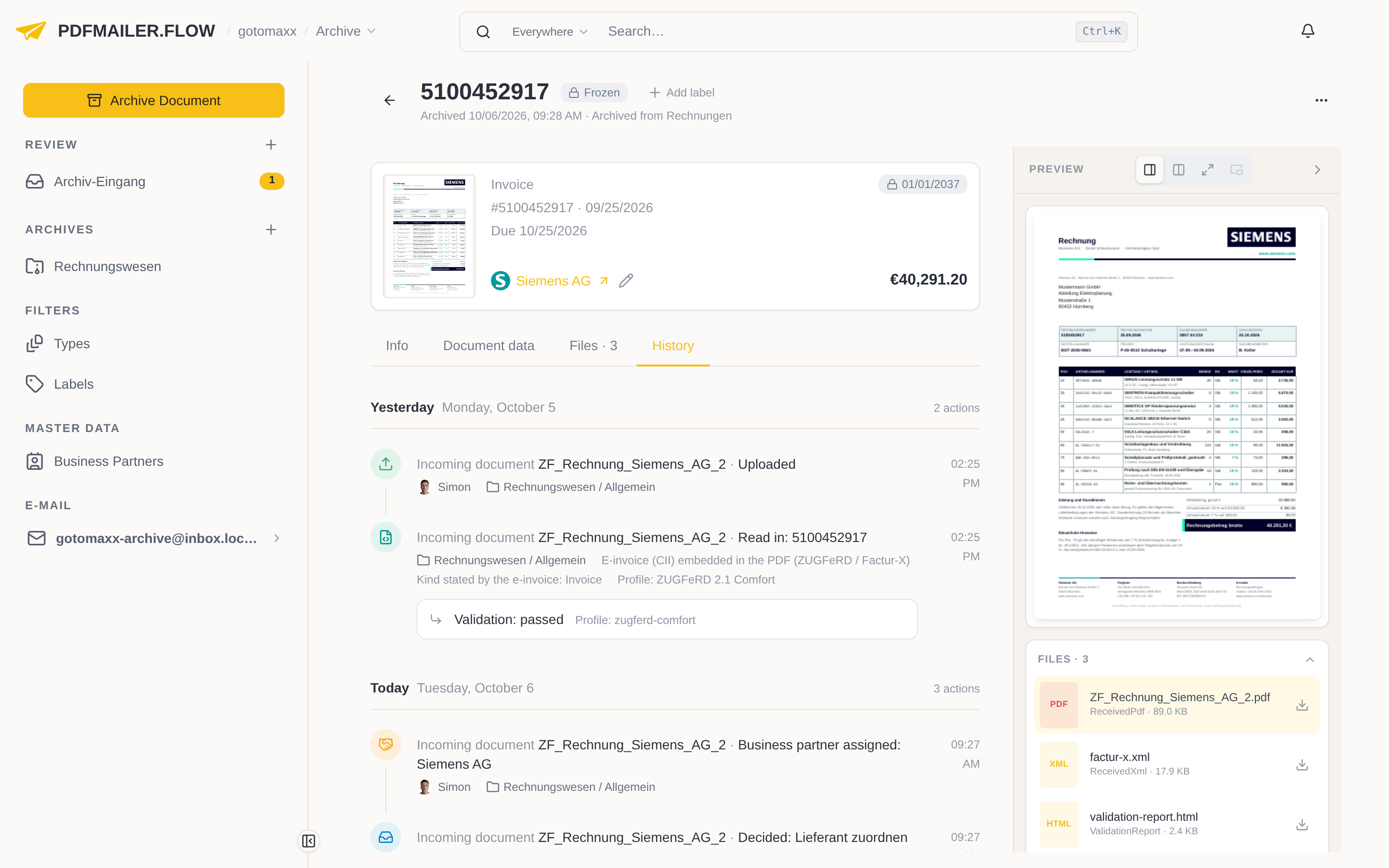 The History tab of an archived invoice